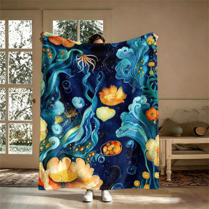 Potdemiel | Blue Orange Marine Blooms Flannel Blanket Soft Warm Christmas Halloween Blanket for Lightweight Cozy Room Home Decor Gifts