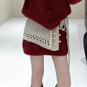 XUECAIQI | Red Color Tone Winter Outfit 2 Piece Set