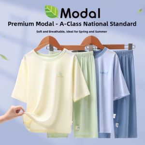 Childrens Modal Ice Silk Sleepwear Thin Summer Home Clothes Set with Seven Sleeve Home Leisure round Neck Air Conditioner Suit