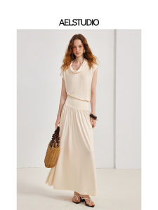 Original French Style Slim Fit Wrap Neck Long Dress Womens Summer Vacation Folded Skirt Short Sleeve Waist Inward Dress