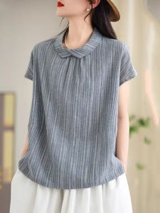 Artistic Style Lapel Loose Pure Color Cotton and Linen Short-Sleeved Shirt Womens Summer New Arrival Classy Linen Shirt Slim Looking Tops