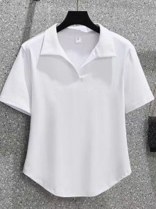 Short Polo Neck T-Shirt Women Summer Versatile Design Casual Slimming Belly Covering Top Cotton Printed Commute Style