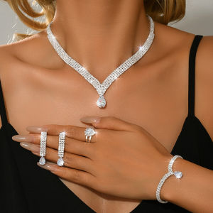 5PC Exquisite New Super Sparkling Necklace Earrings Bracelet Ring Complete Set of Bridal Dress Banquet Party Accessories
