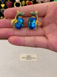 Blue Square Full Rhinestones Koi Fish Stud Earrings for Women Luxury Palace Style Ear Studs Party Aesthetic Jewelry Gifts M