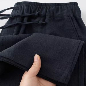 High-End Linen Mens Casual Pants Loose Wide Straight Nine-Piece Thin Long Trousers Comfortable Summer Fashionable Youthful