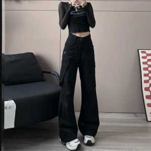 Quần Dài Ống Rộng Phong Cách Mỹ Cổ Điển Nhiều Túi Thời Trang Xuân Hè Quần Dài Thường Ngày Cho Nữ Cạp Cao Polyester