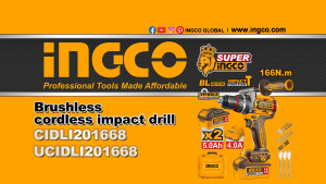 INGCO 20V BL HEAVY DUTY IMPACT DRILL 166NM 2X5 AH + BITS & CASE CIDLI201668