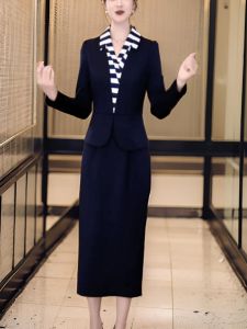 Elegant Blue Midi Dress Fashionable Fake Two-Piece Formal Occasion Slimming One-Step Spring New Style High Waist Long Sleeve