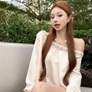 GUZILIAN | Heavy Embellished Shoulder Bridesmaid Long Sleeve Satin Shirt Womens Fashionable Shoulder Bared Elegant Lady Commuter Style