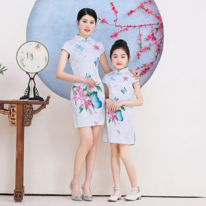 Childrens Cheongsam Dress Summer New Style Improved Female Childrens Dress Hanfu Parent-Child Match Mother-Daughter Fashionable