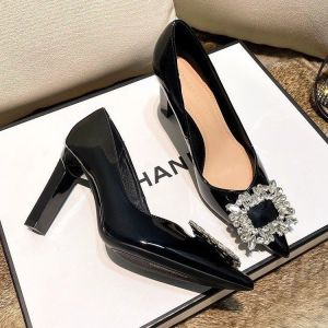 รองเท้าส้นสูงหัวแหลมสีเปล่าสำหรับผู้หญิง ฤดูใบไม้ผลิและฤดูร้อน 2025 รองเท้าส้นหนาแบบสวมหัวแหลมสไตล์เกาหลีแบบสวมสบายสำหรับใส่ทำงาน