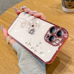 Iphone Luxury Rhinestone Dandelion Clear Electroplated Shockproof Case Full Lens Protection Soft Silicone Cover for  14Plus 13Pro XR