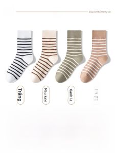 JINGCHI | Tất cotton kẻ sọc cho nữ mùa xuân thu dài đến bắp chân thấm hút mồ hôi chống mùi phong cách Hàn Quốc tất học viện