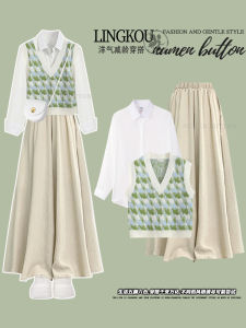 Elegant plus Size Spring Autumn Knitted Set Women Casual Shirt Vest High Waist Slimming Pants Two Piece Suite Fashionable Ensemble