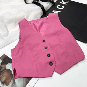 เสื้อกั๊กผ้าฝ้ายลินินสีชมพูคอวี ทรงสั้น สำหรับผู้หญิง ชุดทำงาน แฟชั่นสตรีท ดีไซน์เก๋ไก๋ ฤดูร้อน 2024 แบรนด์ดัง