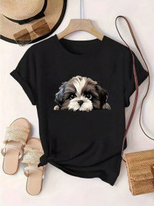 Cute Shih Tzu Cat Cartoon Pattern Casual Comfortable T-Shirt Summer Womens Short Sleeve Cool Interesting Printed Tees Female