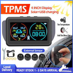 TPMS Tyre Solar Pressure Monitoring Digital LCD Warning System Monitor USB 4 External Sensor Auto Tire Pressure Alarm Monitor