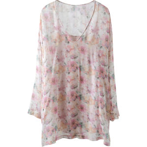 Miccbeirn | Retro Silk Gradient Print V-Neck Top And T-Shirt Two-Piece Set Artistic Loose Fit Summerwear Floral Pattern Long Sleeve