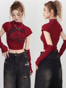 Sweet And Spicy Y2K Jazz Dancing Red Top Kpop Female Group Performance Clothes Unique Base Shirt Long Sleeve Printed T-shirt