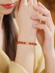ZHOU LIU FU 周六福 สร้อยข้อมือ S925 Sterling Silver Agate Multi Treasure Bracelet Lucky Red Beaded String with Enamel Finish Adjustable 17CM J1914982