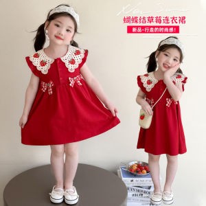 Sweet Strawberry Butterfly Sleeve Girls Dress Baby Princess Skirt Summer New Style Childrens Clothing Cute Style One Piece