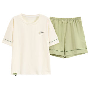 MiiOW | Cat Person Womens Summer Sleepwear Set Thin Cotton Short Sleeve Shorts Home Clothes Antibacterial Cute Embroidery Pattern