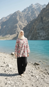 Floral Blouse Muslimah Zip Front Comfortable Long Fit for OOTD and Office