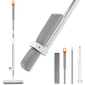 Squeeze Mop Self Draining Sponge Mop with 2Pcs Sponge Head Hand Free Magic Self-Cleaning Flat Mop Household Floor Cleaning Tools