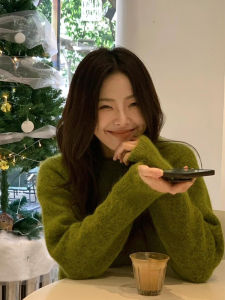 Christmas Green Mink Sweater Womens Autumn Winter Fashion Small Size Soft Cozy Overhead Knitted Shirt Sweet Style Long Sleeve