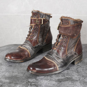 British Style Mens Martin Boots Zipper Workwear Chelsea Retro Trendy Jeans Boots Wear Resistant Floral Carving Mid-Calf Boots