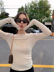 Áo Len Dệt Kim Cổ Tròn Màu Trắng Cho Nữ Áo Len Dệt Kim Lót Bên Trong Mùa Thu Đông Dáng Ôm Vừa Vặn Chất Liệu Cao Cấp