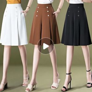Seluar Skirt pinggang tinggi untuk wanita nipis pelangsingan seluar kaki lebar Drape dan panjang lutut a-line Skirt