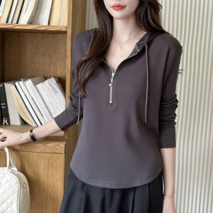 Black Hooded Long Sleeve T-Shirt Womens Spring Autumn Winter Slim Fit Base Layer Zipper Sweatshirt Short Top Casual Style