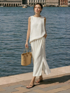 AMII | Summer New Leisure Style Acetate Chiffon Dress Bind Belt Slit Loose