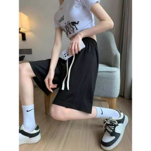 High Waist Grey Sports Shorts Womens Summer Thin Wide Leg Five-Quarter Length Casual Trousers Metal Coated Fiber Pocket Detail