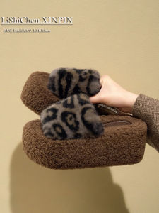 Womens Thick Bottom Fur Slippers Indoor Outdoor Wear Spring Autumn New Style Leopard Print High Heel Cotton Slippers