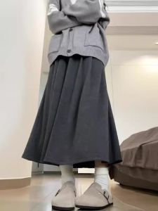 Plus Size Women's Grey Glutinous Rice Knitted High Waist Midi A-Line Skirt: Autumn Winter New Style