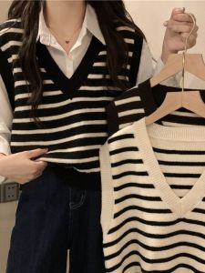2025 New Womens Knitted Loose V-Neck Sleeveless Vest Striped Layering Top Korean Style Casual Wear Daily Occasion