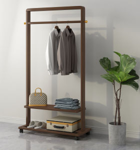 Solid Wood Coat Rack Floor with Wheels Movable Clothes Rack Minimalist Modern Living Room Bedroom Storage Clothes Hanger
