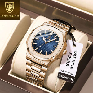 POEDAGAR luxury watch for men waterproof 2024 original rosegold stainless steel calendar luminous square men casual watches
