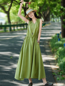 XIAOER | Tencel Linen Blend V-Neck Waist Cinched Vest Dress Female