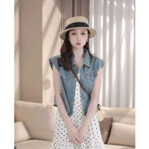เสื้อกั๊กยีนส์สั้นสําหรับผู้หญิงฤดูร้อนสไตล์ใหม่หลวมพอดีอเนกประสงค์ย้อนยุคแขนกุดแจ๊กเก็ตวัสดุผ้าฝ้าย