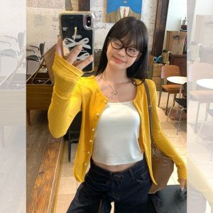 Yellow Knitted Slim Fit Long Sleeve Cardigan Womens Spring Autumn Lightweight Fashionable Korean Style Sun Protection Top Coat