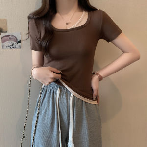 ยืดแขน ผู้หญิง คอคอกลม เนื้อ แฟชั่น สไตล์เกาหลี 2 ชิ้น คอมพิวเตอร์ ออกแบบ สุดชิค ฤดูร้อน