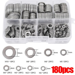 YEGBONG | 180pcs Stainless Steel Washers O Ring Fasteners Gasket Set Assortment Kits M2 M2.5 M3 M4 M5 M6 M8 M10 Flat Washer Grommets
