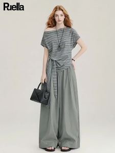 puella | French Design Slanted Shoulder Striped Sleeve Top Wide Leg Pants Set