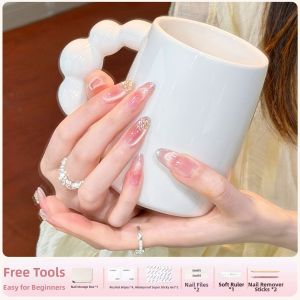 GANGHOU | Bride French Style White Enhancing Cat Eye Medium Length Nail Stickers