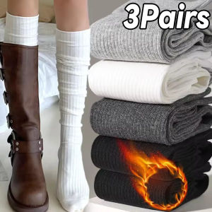 3Pairs Thick Stripe Knee High Socks Women Girls Japanese Style Long Boots Socks Autumn Winter Breathable Stretchy Over Knee Stockings