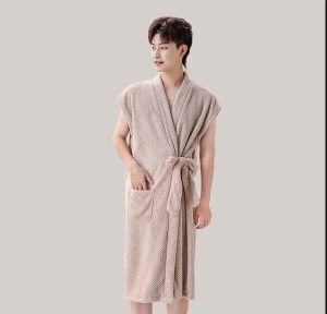 Quick Dry Non-Cotton Couples Bathrobe Mens Wearable Absorbent Polyester Fiber Home Use Bath Towel Robe Simple Design