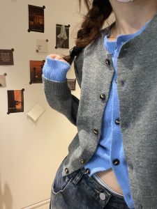 Gray Knitted Sweater Coat American Retro Style Womens Short Sleeve Long Sleeve Fake Two-Piece Autumn Season Fashion Top